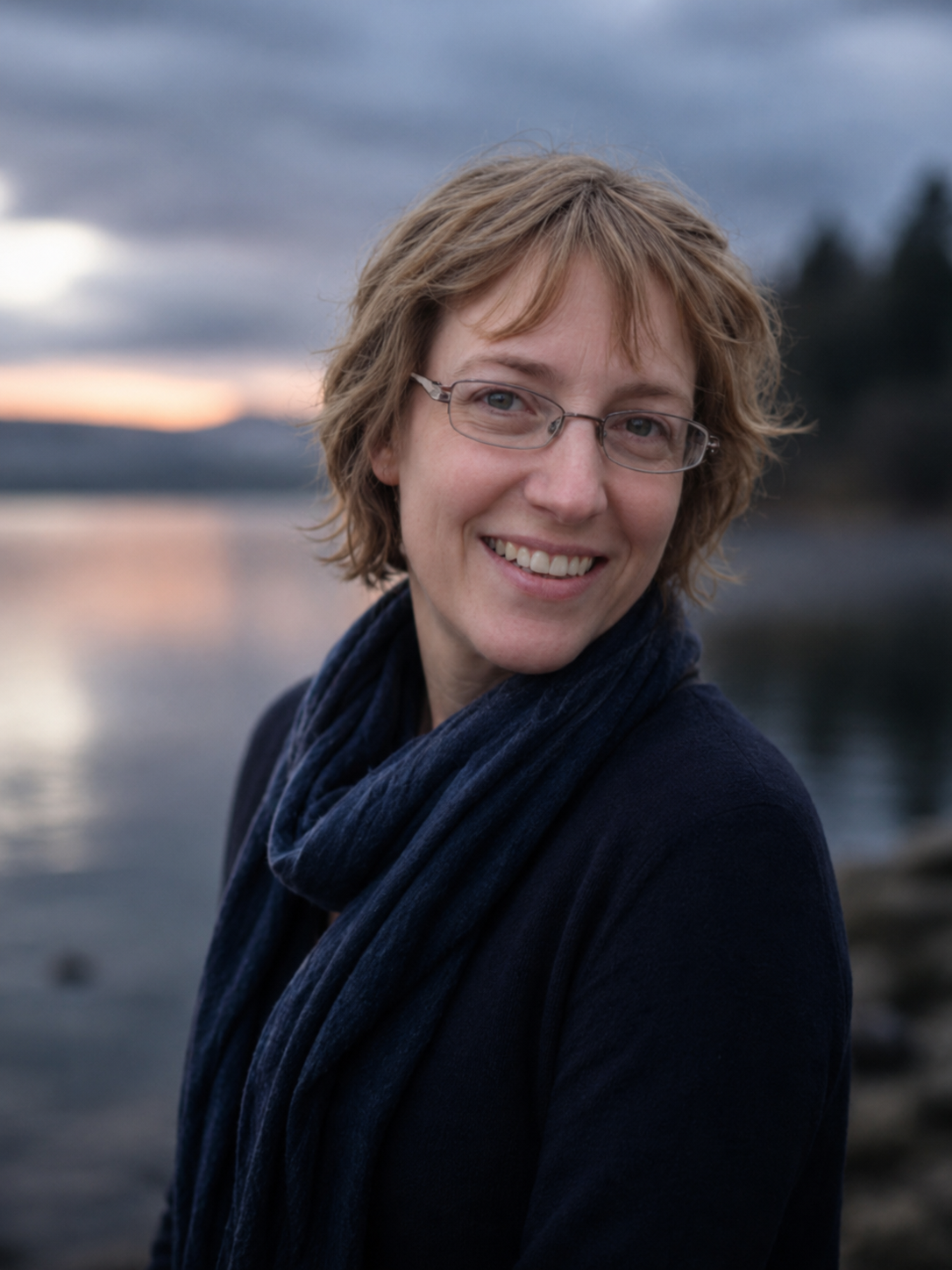 Patricia Renner standing beside a lake at dusk
